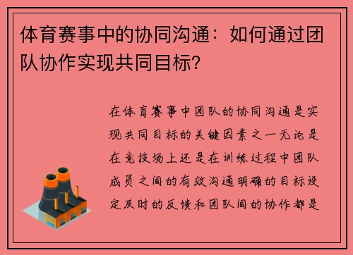 体育赛事中的协同沟通：如何通过团队协作实现共同目标？